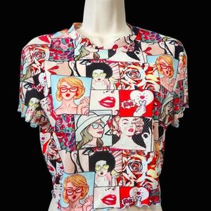 🪻BOGO🪻 Shein Pop‎ Art Graphic Cropped Top Size Large Sheer Lettuce Edges